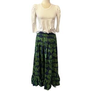 The Addison Story Leaf Print Silk Cotton Maxi Skirt Navy Green Petite XSP